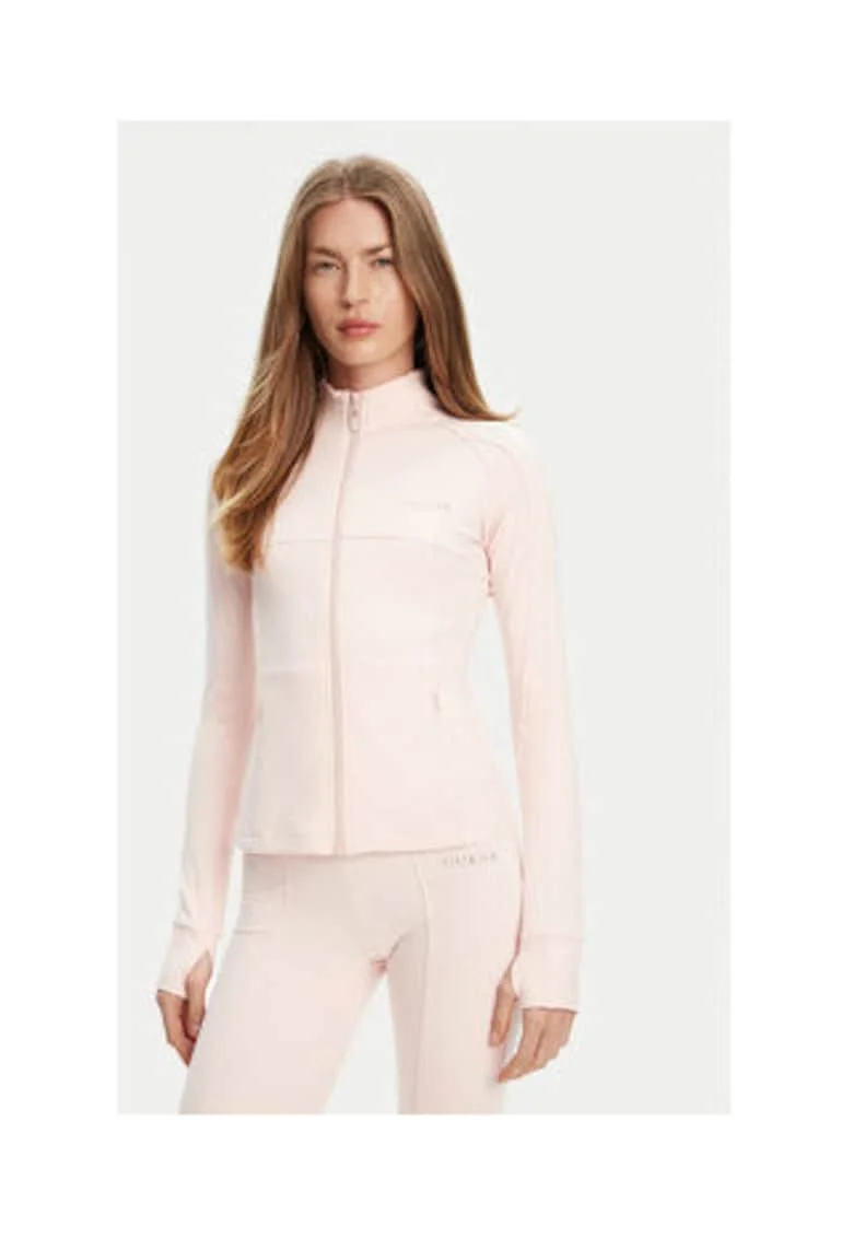Bluza de trening cambrata din material elastic cu logo metalic si fermoar, Roz pal