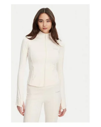 Bluza de trening cambrata din material elastic cu logo metalic si fermoar, Ecru