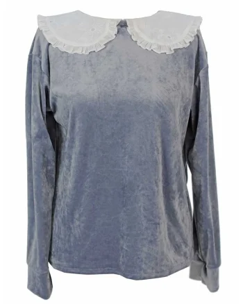 Bluza din catifea cu guler Peter Pan, Alb/Albastru prafuit