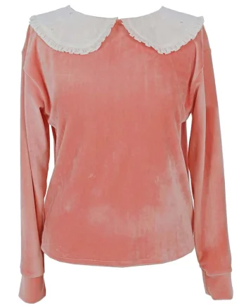 Bluza din catifea cu guler Peter Pan, Alb/Roz somon