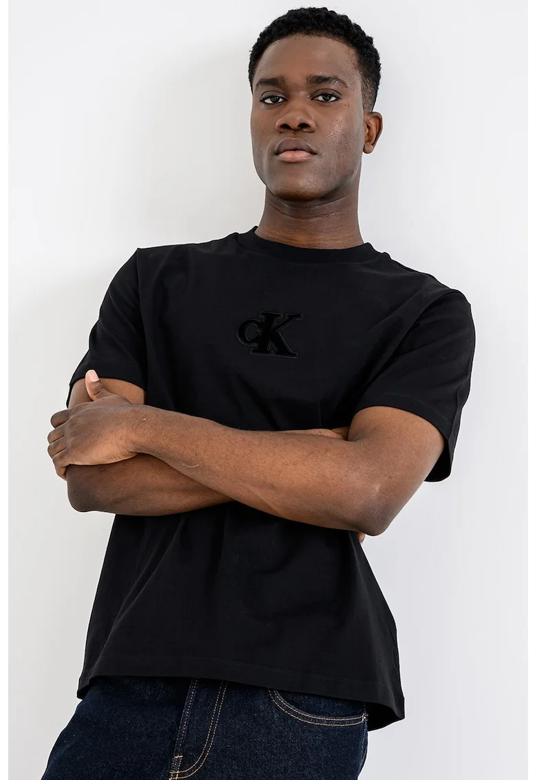 Tricou din bumbac cu aplicatie monograma pe piept, Negru