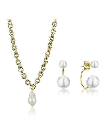 Set de colier si cercei cu perle de apa dulce, Alb, Alb/Auriu