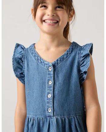 Rochie din denim cu model stratificat si garnituri cu volane, Denim Blue