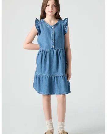 Rochie stratificata din denim si mansete cu volane Flutter, Denim Blue