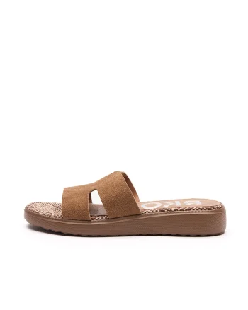 Papuci din piele intoarsa cu talpa wedge, Caramel