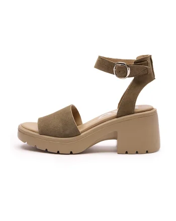 Sandale din piele intoarsa cu toc masiv, Kaki
