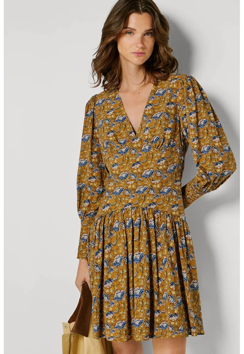 Rochie cu maneci bishop si model floral Avi, Maro/Bleumarin