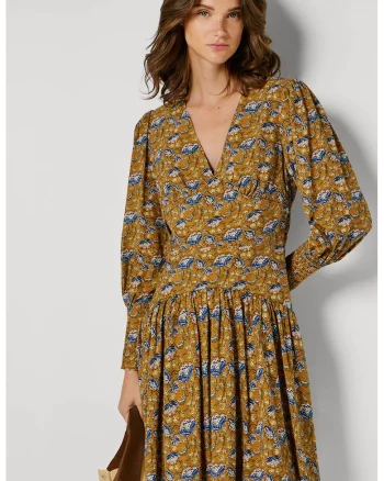 Rochie cu maneci bishop si model floral Avi, Maro/Bleumarin