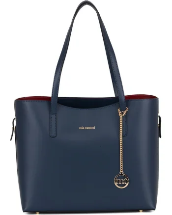 Geanta shopper din piele cu accesoriu logo detasabil, Bleumarin