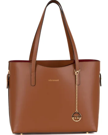 Geanta shopper din piele cu accesoriu logo detasabil, Maro scortisoara