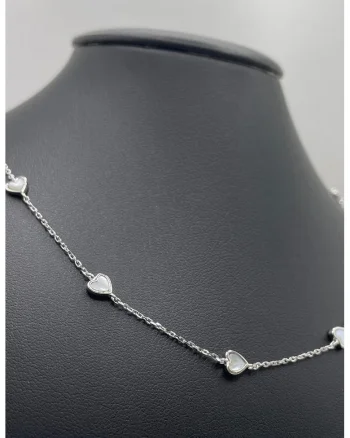 Colier din argint veritabil cu inimi Mother of Pearl, Alb rece/Argintiu