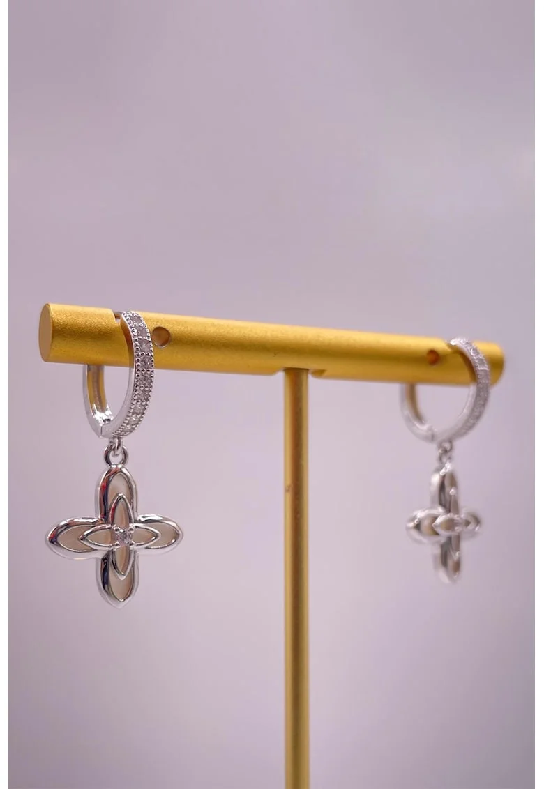 Cercei cu element floral cu Mother of Pearl, Argintiu/Transparent