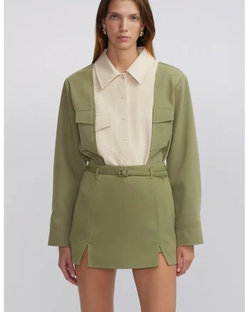 Fusta-pantalon uni cu o curea subtire in talie, Verde sparanghel