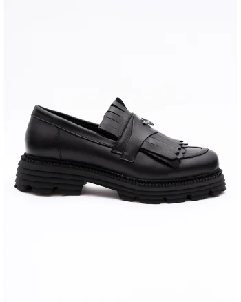 Pantofi loafer de piele cu toc masiv, Negru,