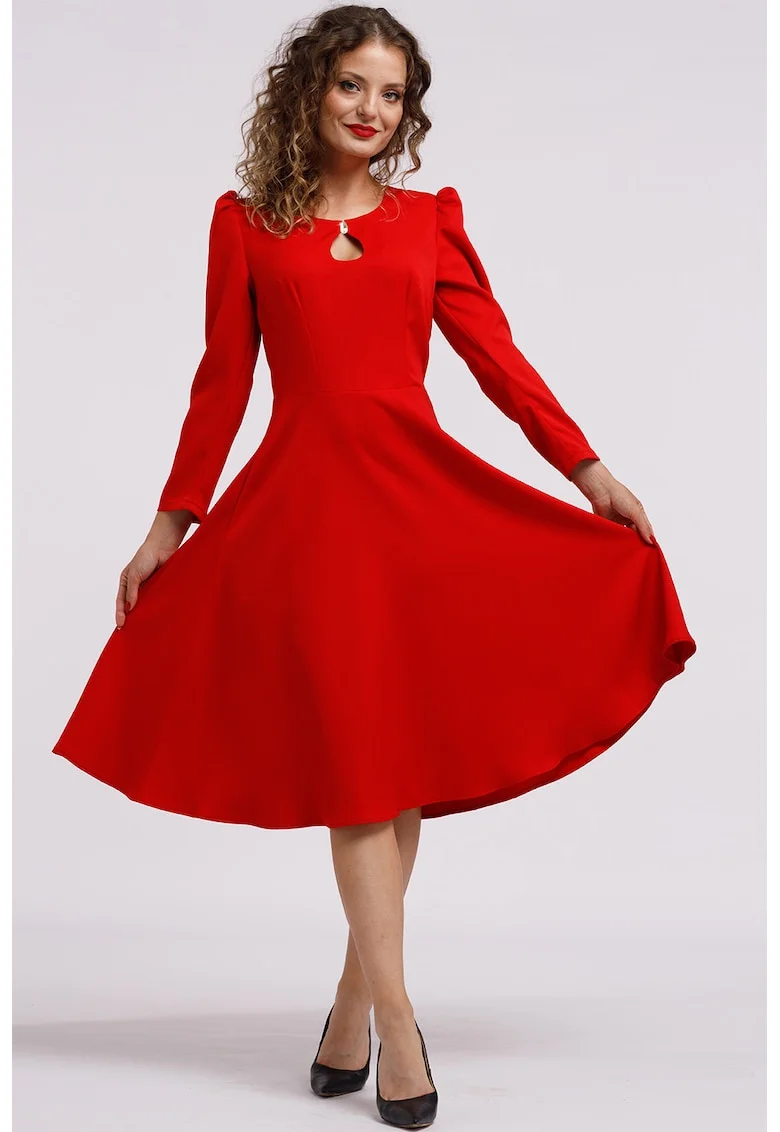 Rochie cu maneci lungi si decupaj keyhole, Rosu