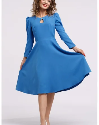 Rochie cu maneci lungi si decupaj keyhole, Albastru pastel