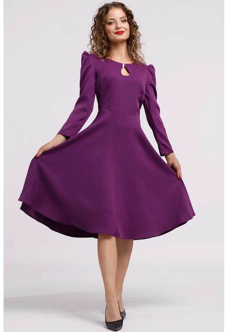 Rochie cu maneci lungi si decupaj keyhole, Violet