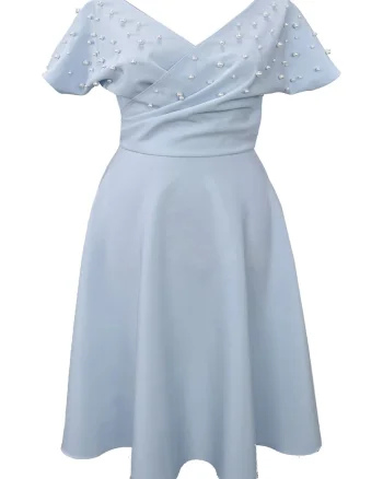 Rochie midi din crep și perle NADIA, Albastru deschis