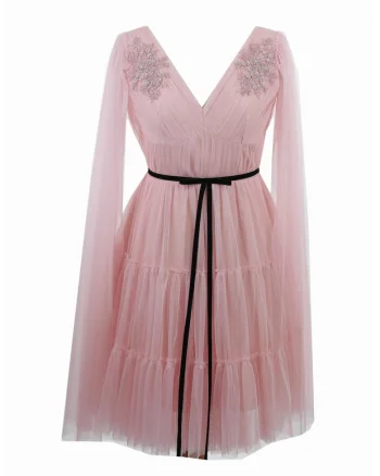 Rochie de seara midi din tul cu centura si broderie DARINNA, Roz deschis