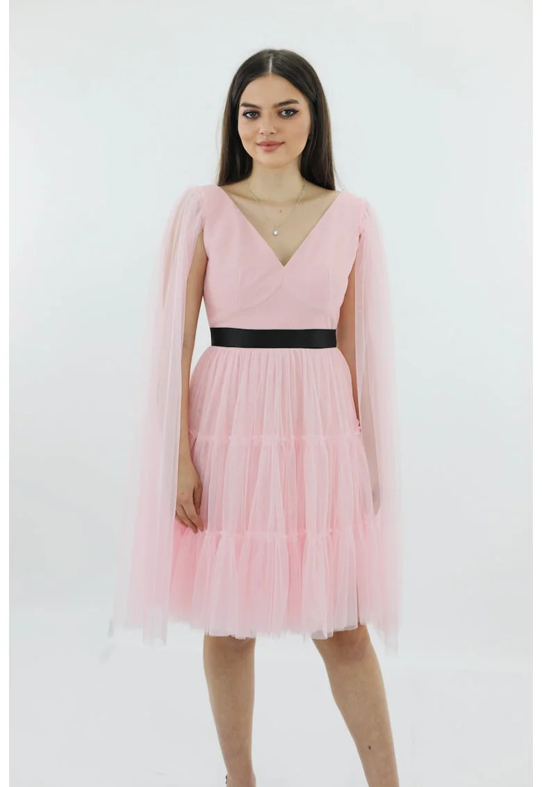 Rochie de seara midi din tul cu centura DARINNA, Roz deschis