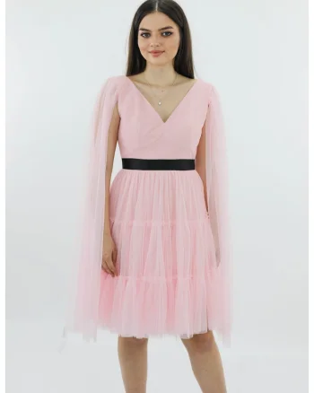 Rochie de seara midi din tul cu centura DARINNA, Roz deschis