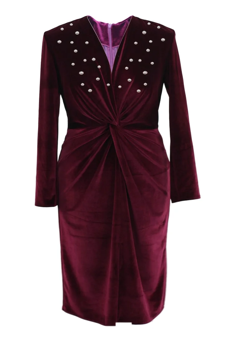 Rochie pe corp din catifea cu perle JADE, Visiniu
