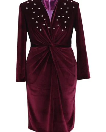 Rochie pe corp din catifea cu perle JADE, Visiniu