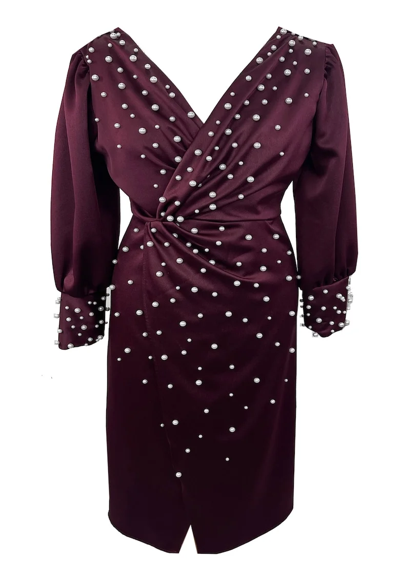 Rochie midi cu perle AMINA, Visiniu