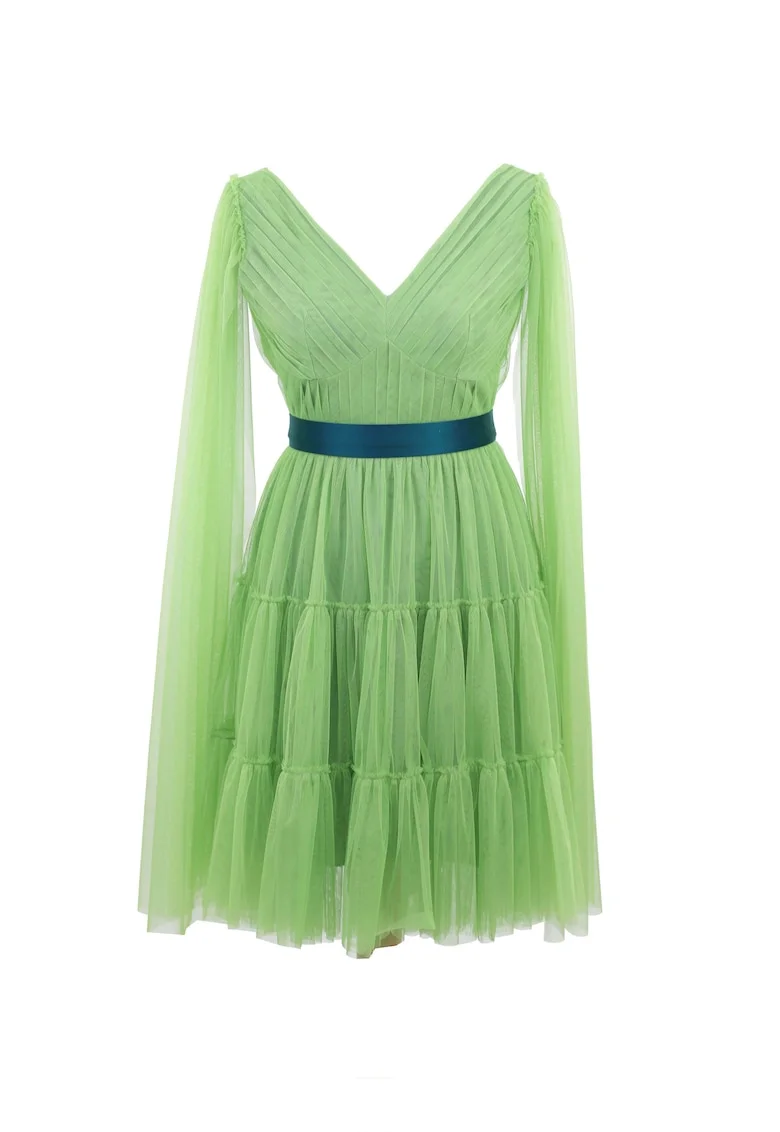 Rochie de seara midi din tul cu centura DARINNA, Verde deschis