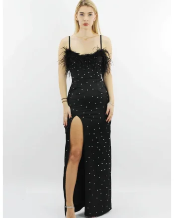 Rochie lunga de seara neagra cu pene si cristale NADIA