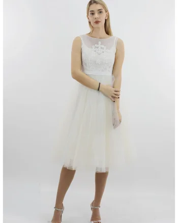 Rochie midi din tul alb si nude LIA