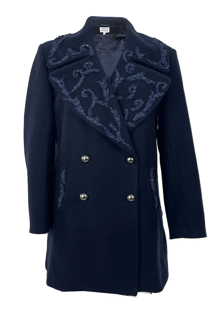 Palton de iarna midi din lana ANIA cu broderie, Bleumarin
