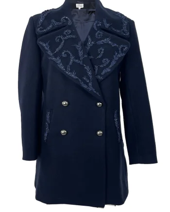 Palton de iarna midi din lana ANIA cu broderie, Bleumarin
