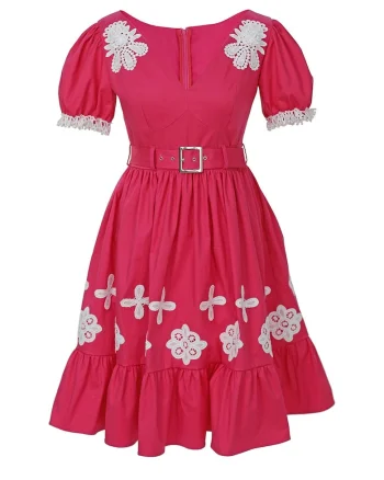 Rochie evazata cu decolteu in V Daiana, Alb/Fucsia