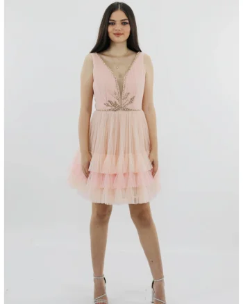 Rochie scurta de seara din tul cu broderie EDITH, Roz deschis