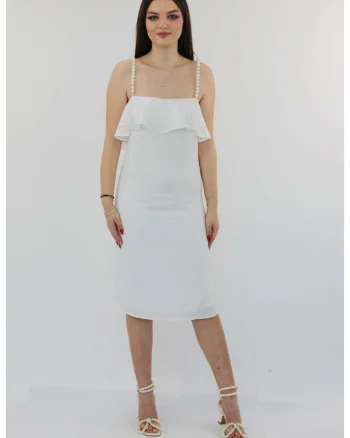 Rochie eleganta midi cu volane si perle COCO, Alb