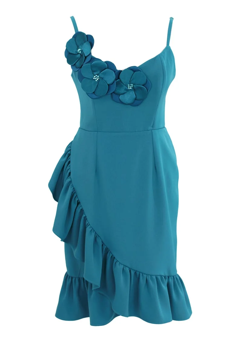 Rochie petrecuta cu aplicatie florala, Turcoaz