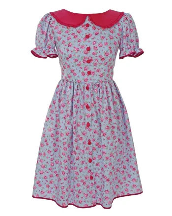 Rochie cu model floral si guler Peter-Pan Rozalia, Verde/Fucsia/Albastru deschis