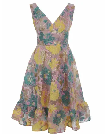 Rochie fara maneci cu decolteu in V si imprimeu, Verde/Galben/Roz prafuit