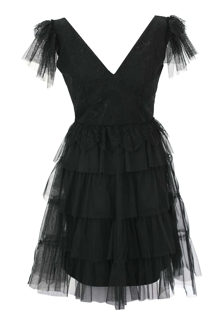 Rochie midi stratificata cu decolteu in V, Negru