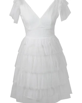 Rochie stratificata cu decolteu in V, Alb optic