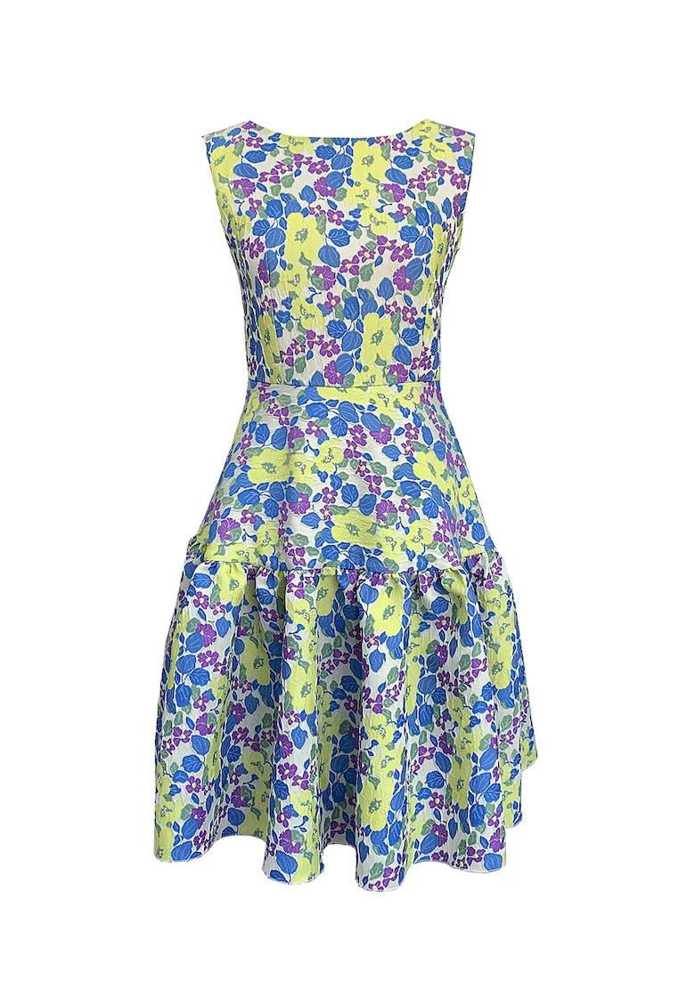 Rochie cu imprimeu floral si terminatie evazata Olivia, Verde/Lila/Albastru