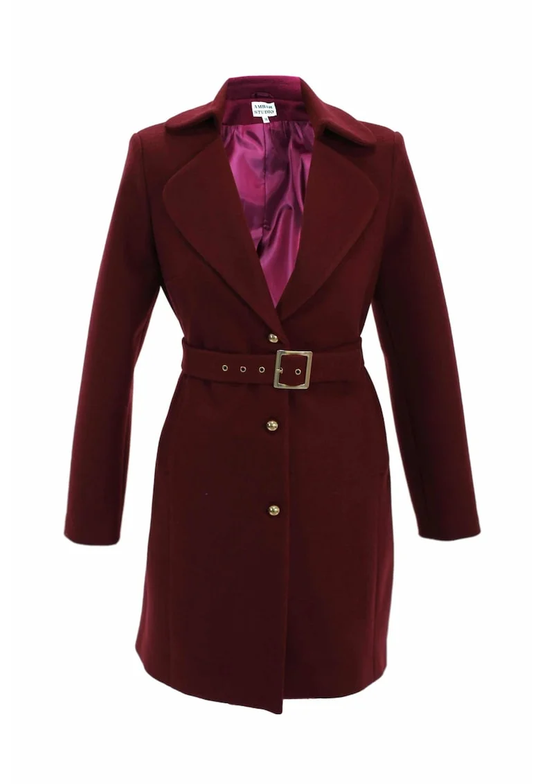 IVONNE bordeaux red wool classic midi coat, Visiniu