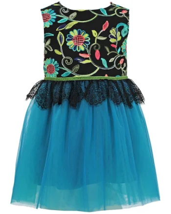 Rochie fara maneci cu broderie Dakota, Negru/Albastru
