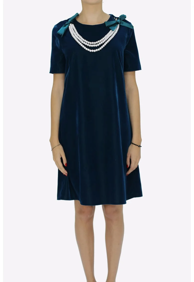 Rochie evazata din catifea cu colier detasabil Ama, Bleumarin
