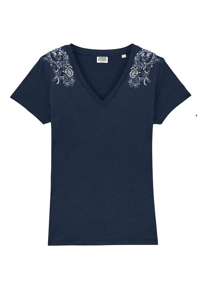 Tricou de bumbac organic cu decolteu in V Traveller, Bleumarin