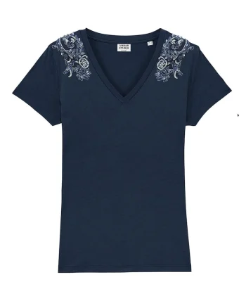 Tricou de bumbac organic cu decolteu in V Traveller, Bleumarin