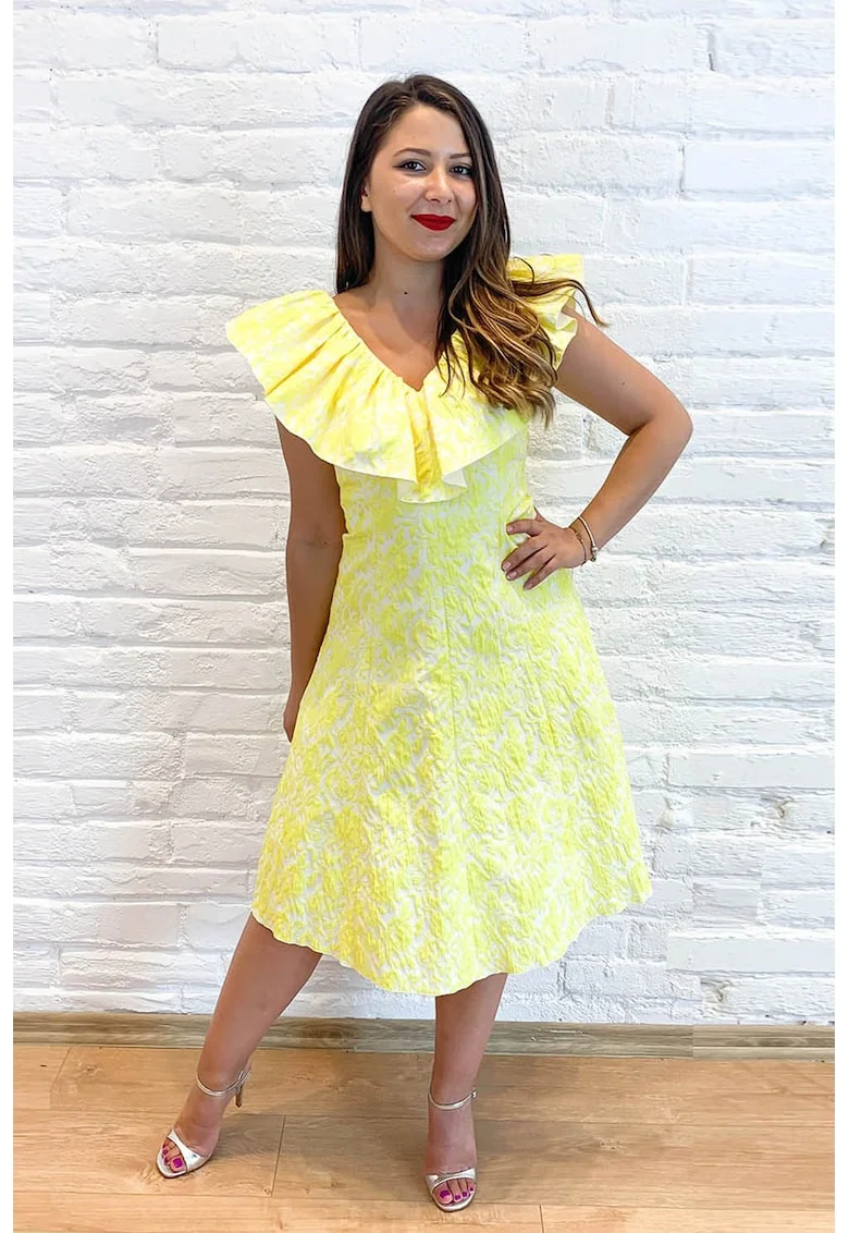 Rochie midi cu decolteu in V, Alb/Galben