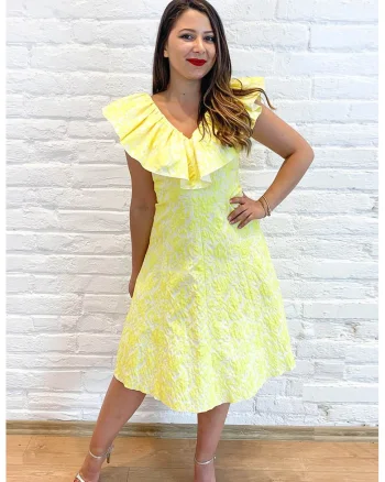 Rochie midi cu decolteu in V, Alb/Galben