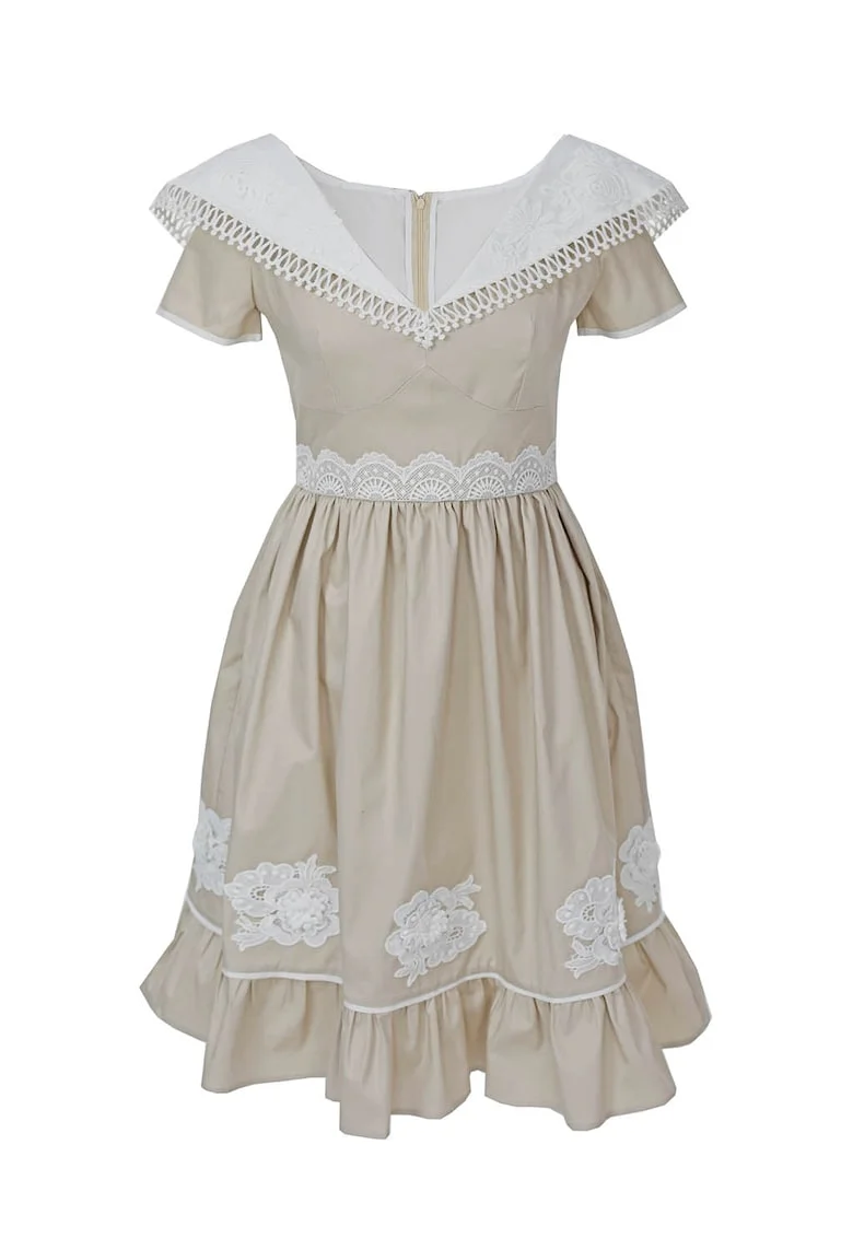 Rochie evazata cu insertii din dantela crosetata Eliana, Alb/Maro taupe deschis